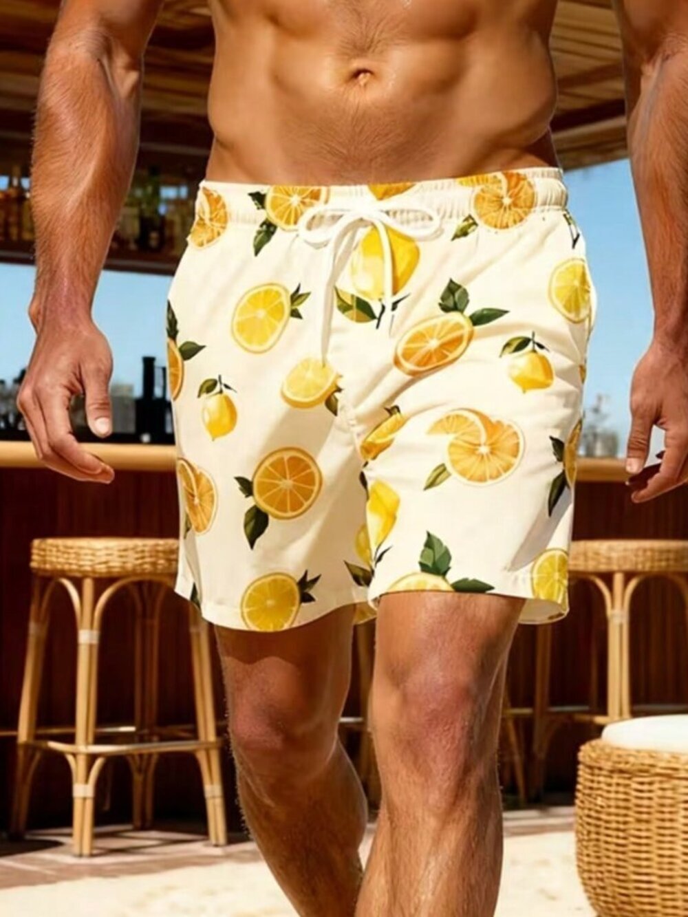 Multicolor Casual Men's Lemon Print Beach Shorts